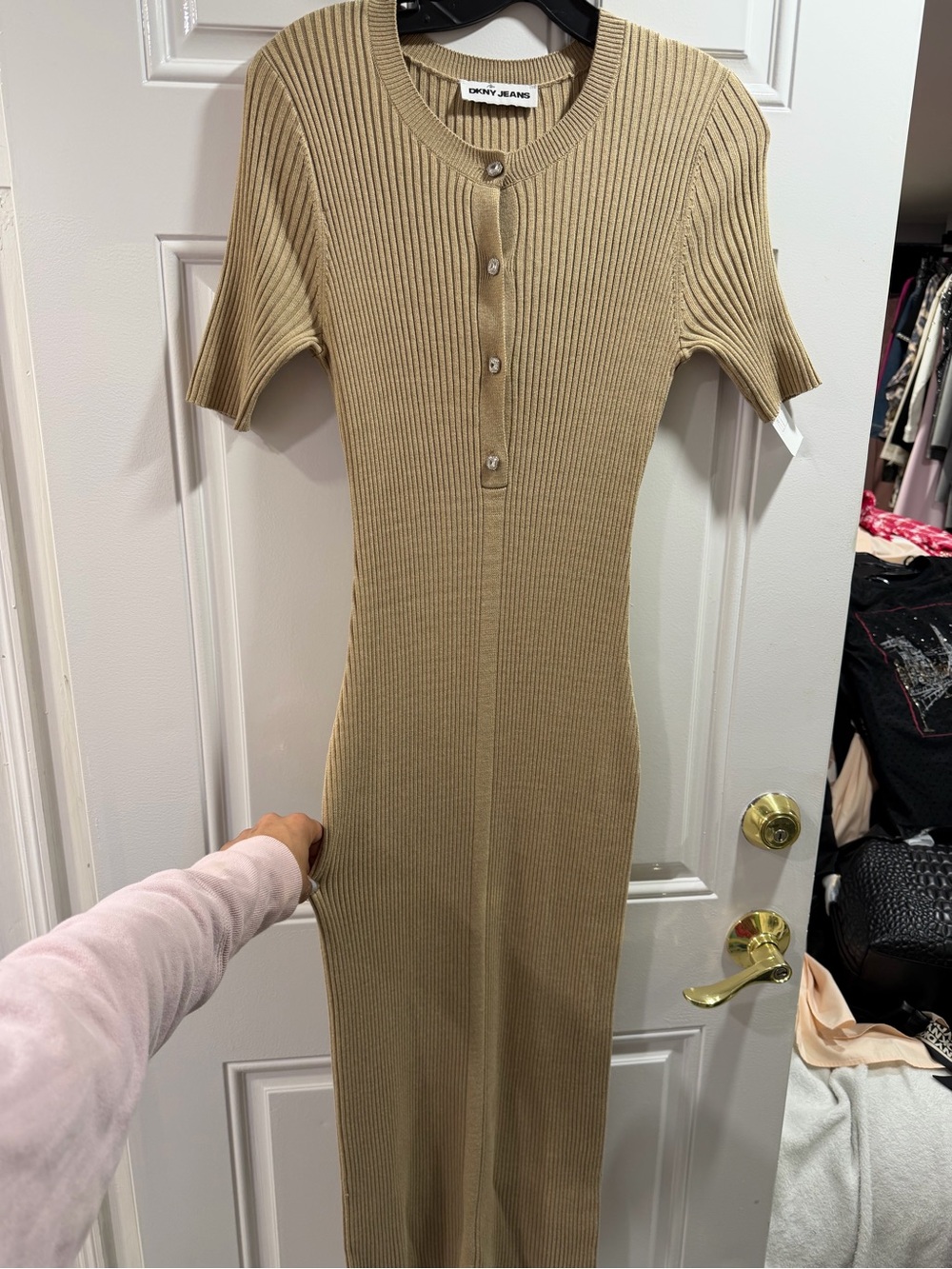 Dkny Tan Ribbed Henley Midi Dress